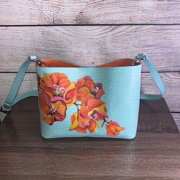 Womens Charles & Keith Shoulder Bag Teal w/ Hand Painted Flowers - Picture 1 of 13